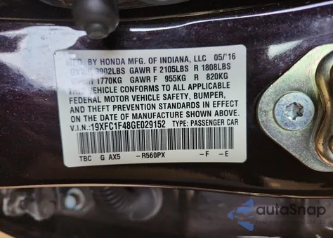 2016 Honda Civic Ex z USA, uszkodzony, nr VIN 19XFC1F48GE029152